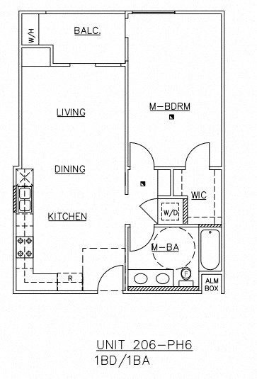 Floor plan for 1 bed, 1 bath, 748 sqft